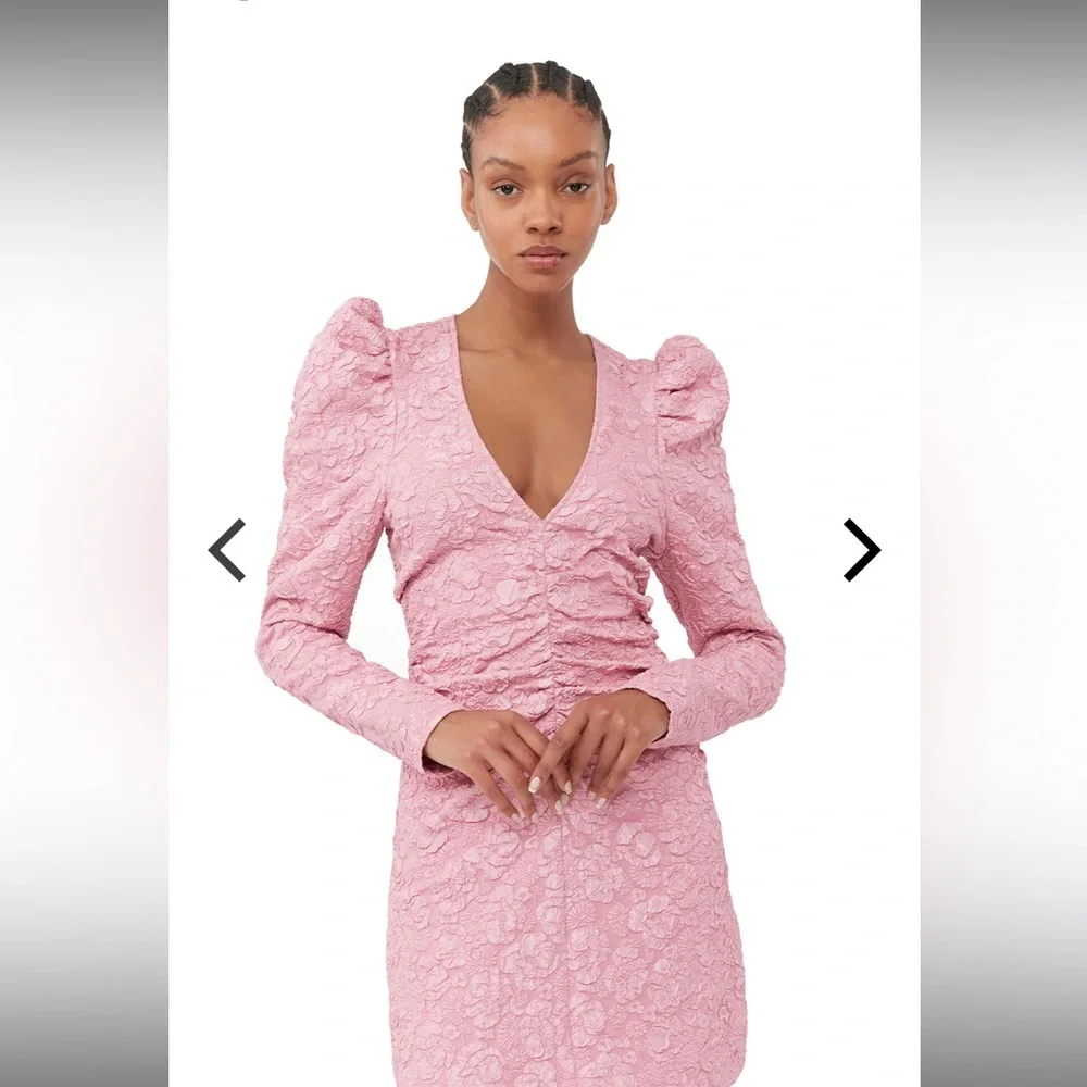 Ganni Pink Jacquard V-Neck‎ Mini Dress Orchid Smoke NWOT EU 34